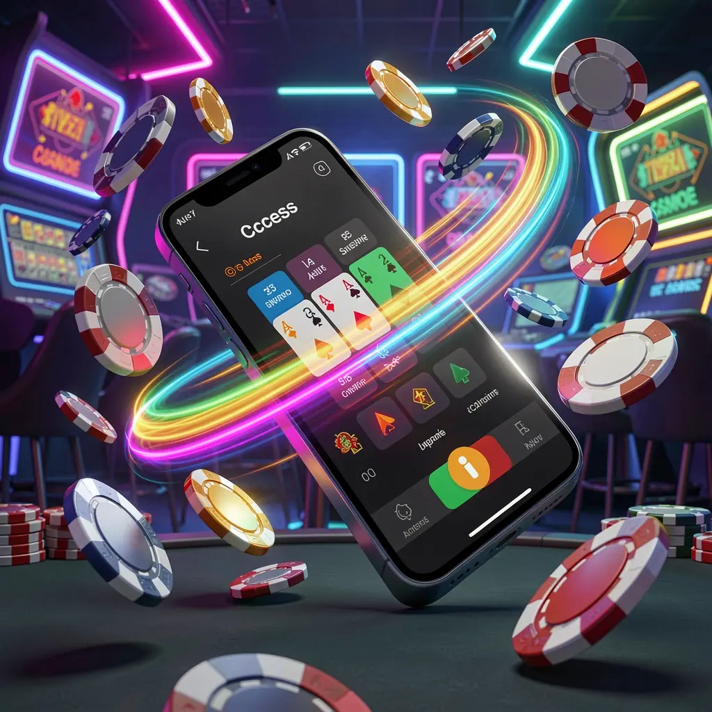 Smartphone displaying the TK9388 fast casino app with dynamic speed light trails, flying coins and chips against a modern neon casino background in a vibrant 3D render Smartphone displaying the TK9388 fast casino app with dynamic speed light trails, flying coins and chips against a modern neon casino background in a vibrant 3D render