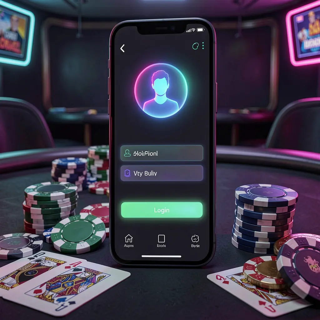TK9388 casino app login scene on a smartphone with glowing user profile icon, surrounded by chips, cards, and coins against an elegant dark background with neon highlights TK9388 casino app login scene on a smartphone with glowing user profile icon, surrounded by chips, cards, and coins against an elegant dark background with neon highlights
