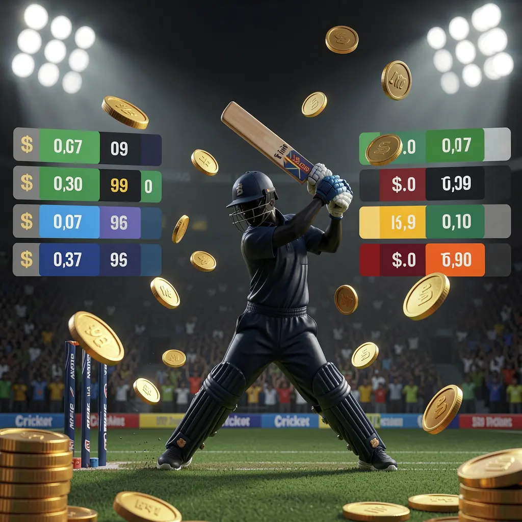 Live cricket odds visual featuring a cricket player silhouette batting under stadium lights with floating odds graphics and golden coins on a premium dark sports background, showcasing TK9388 betting brand Live cricket odds visual featuring a cricket player silhouette batting under stadium lights with floating odds graphics and golden coins on a premium dark sports background, showcasing TK9388 betting brand