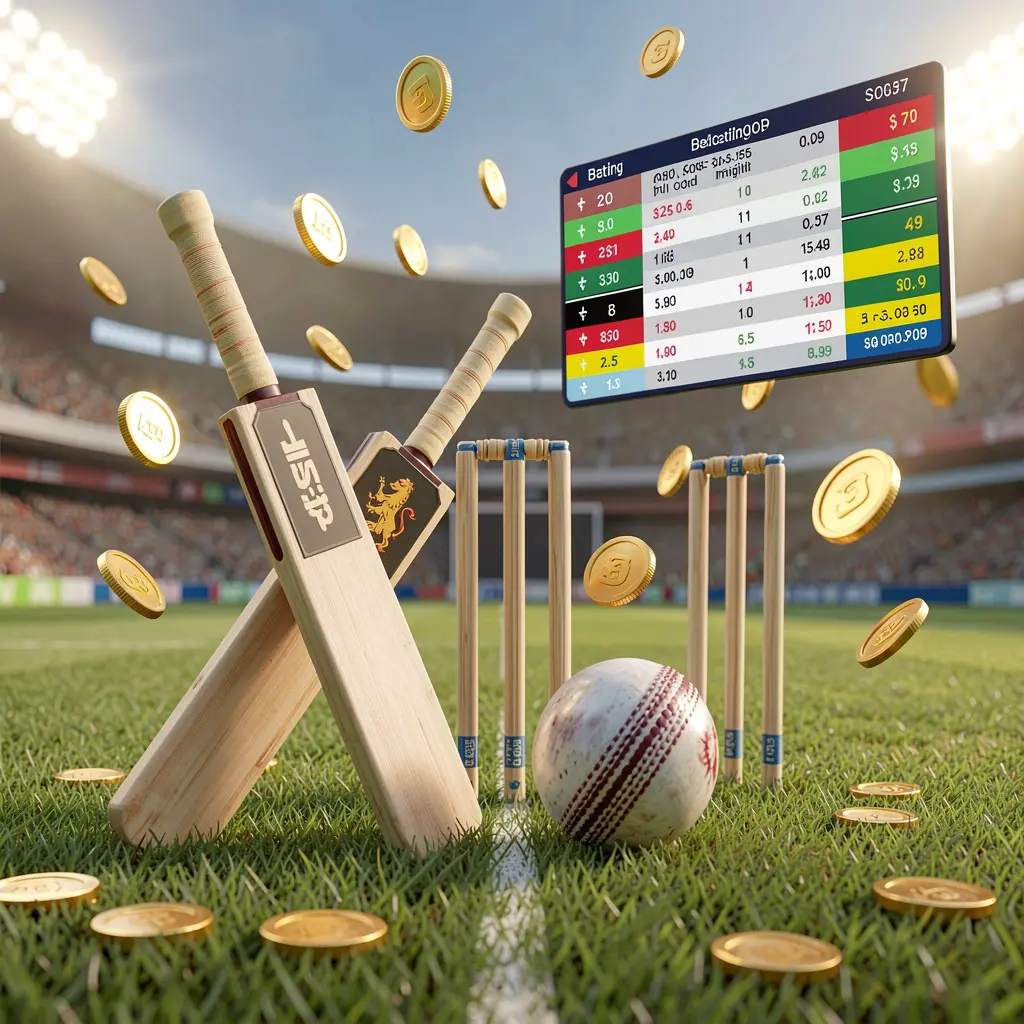Realistic 3D illustration of a cricket bat, cricket ball, and wickets on stadium grass with floating betting odds interface and golden coins flying, showcasing TK9388 sports betting page in Bangladesh Realistic 3D illustration of a cricket bat, cricket ball, and wickets on stadium grass with floating betting odds interface and golden coins flying, showcasing TK9388 sports betting page in Bangladesh