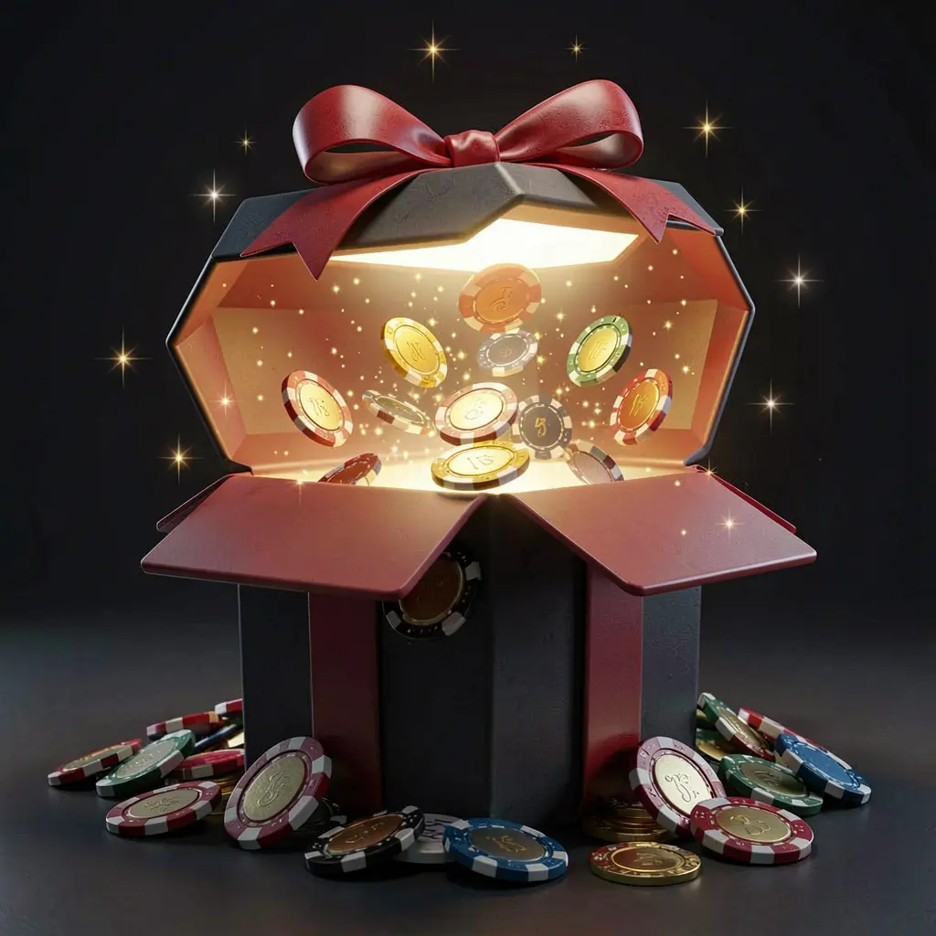 Realistic 3D render of a glowing gift box with free casino chips bursting out, surrounded by magical sparkles on a dark premium background, showcasing the TK9388 no deposit bonus Realistic 3D render of a glowing gift box with free casino chips bursting out, surrounded by magical sparkles on a dark premium background, showcasing the TK9388 no deposit bonus