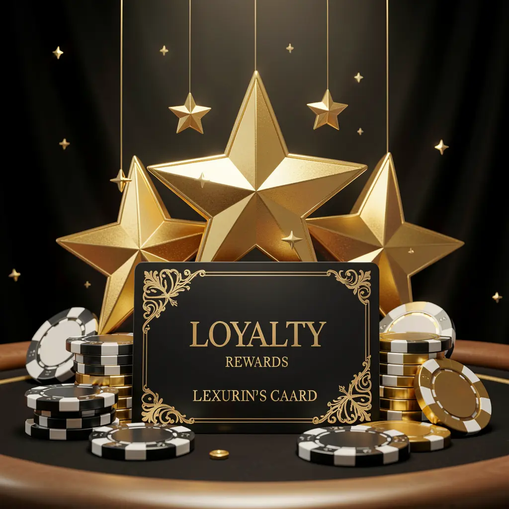 Realistic 3D render of a loyalty rewards casino scene featuring golden stars, poker chips, coins, and a luxury reward card on an elegant black and gold background with TK9388 branding Realistic 3D render of a loyalty rewards casino scene featuring golden stars, poker chips, coins, and a luxury reward card on an elegant black and gold background with TK9388 branding