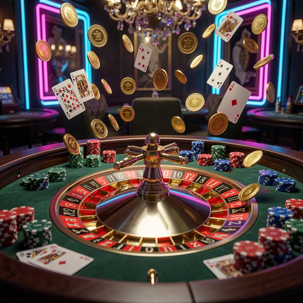 Elegant TK9388 casino roulette table with chips, cards, and golden coins flying in the air under dramatic neon lighting in a high detail 3D render Elegant TK9388 casino roulette table with chips, cards, and golden coins flying in the air under dramatic neon lighting in a high detail 3D render