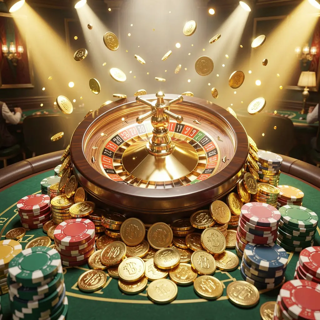 TK9388 casino jackpot scene featuring golden coins, poker chips, and a roulette wheel illuminated by bright glowing lights in a luxury celebration atmosphere TK9388 casino jackpot scene featuring golden coins, poker chips, and a roulette wheel illuminated by bright glowing lights in a luxury celebration atmosphere