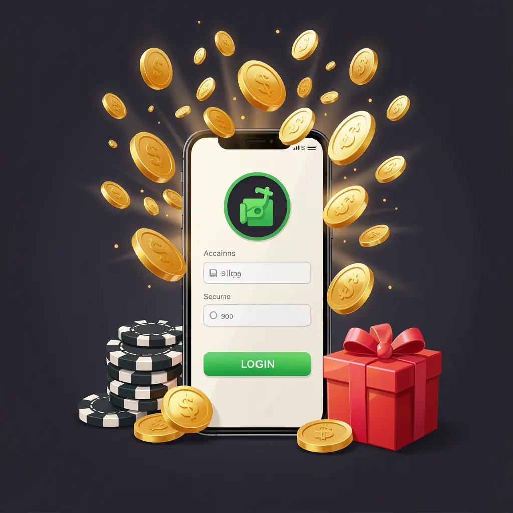 TK9388 casino user login illustration showing a phone with a secure access icon, golden coins bursting from the screen, poker chips, and a gift box on a dark premium background TK9388 casino user login illustration showing a phone with a secure access icon, golden coins bursting from the screen, poker chips, and a gift box on a dark premium background