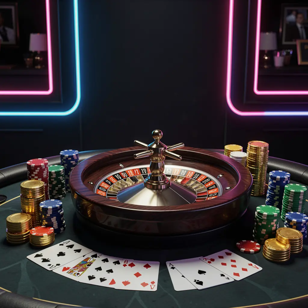 Luxury casino table with roulette wheel, poker chips, playing cards, and golden coins on a dark premium background with neon glow, showcasing the TK9388 online casino homepage hero banner in a cinematic 3D render